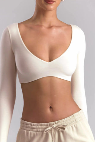 Ribbed Modal Long-Sleeve Crop Top in Ecru