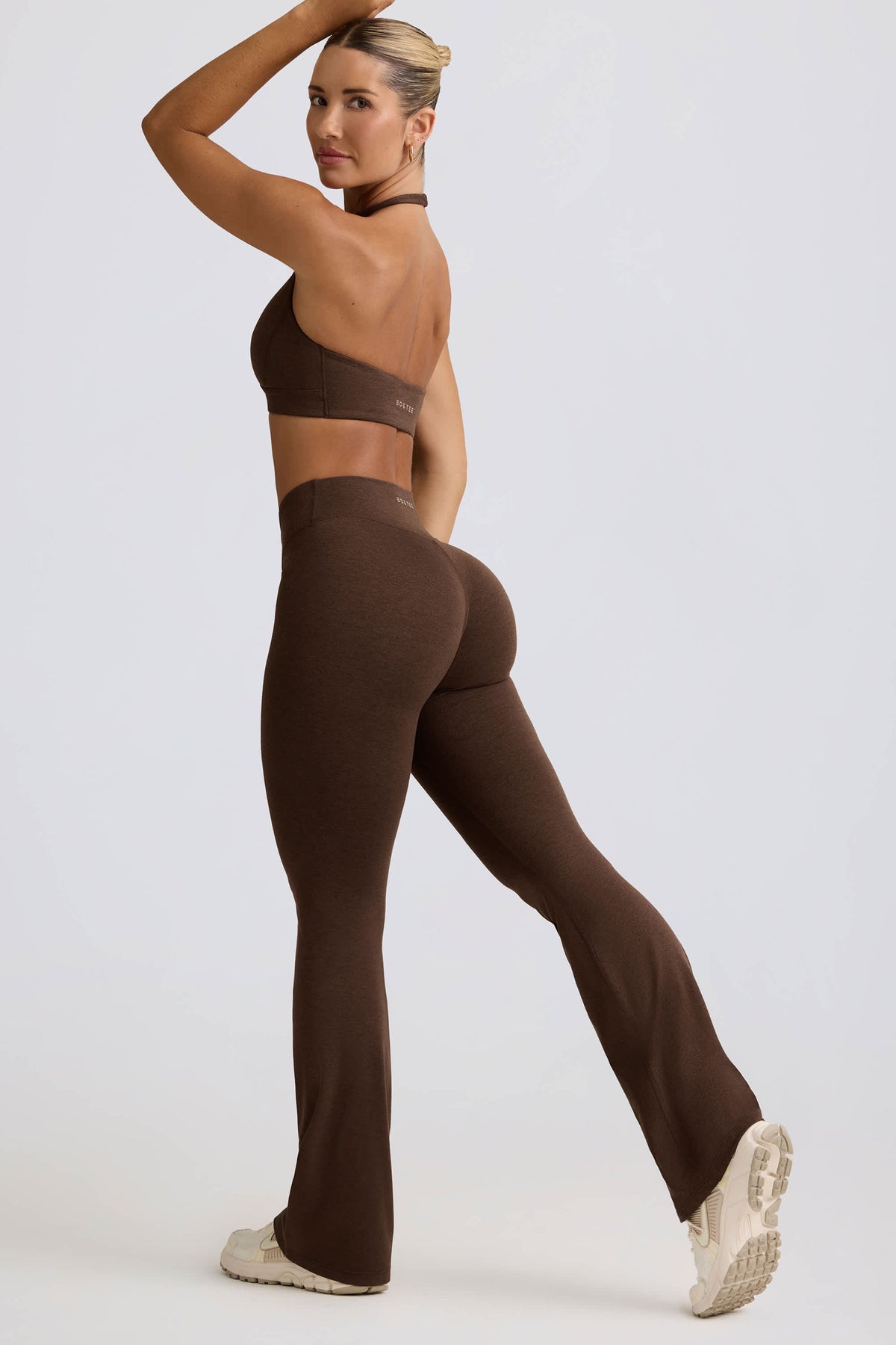 Brushed Jersey Ruched Flared Trousers in Pecan Marl