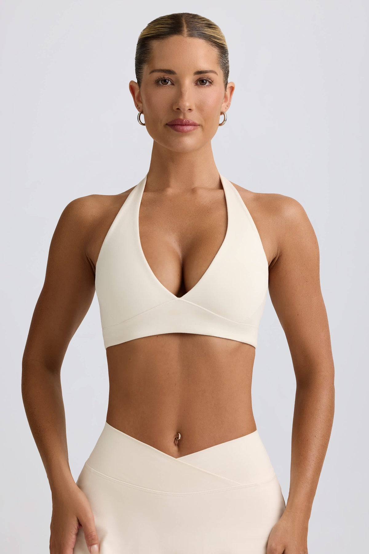 Brushed Jersey V-Neck Sports Bra in Ivory Marl