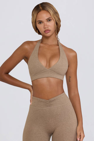 Brushed Jersey V-Neck Sports Bra in Mocha Marl