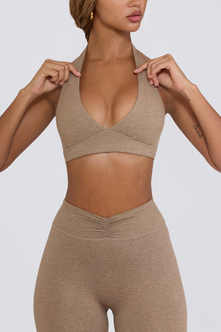 Brushed Jersey V-Neck Sports Bra in Mocha Marl