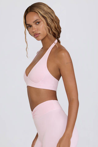 Brushed Jersey V-Neck Sports Bra in Pale Pink Marl