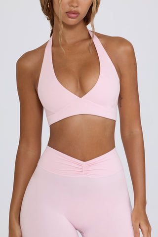 Brushed Jersey V-Neck Sports Bra in Pale Pink Marl