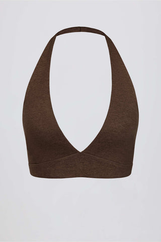Brushed Jersey V-Neck Sports Bra in Pecan Marl