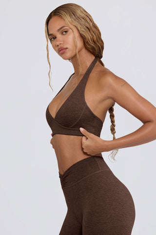 Brushed Jersey V-Neck Sports Bra in Pecan Marl