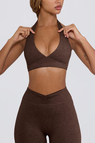 Brushed Jersey V-Neck Sports Bra in Pecan Marl