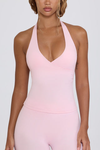 Wrap Halterneck Tank Top in Pale Pink Marl