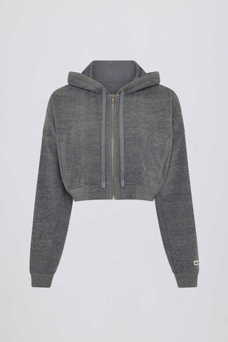 Terry Cotton Zip-Up Cropped Hoodie in Dark Grey
