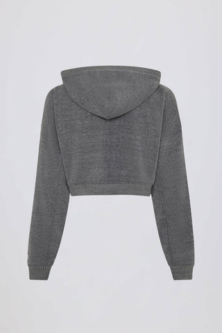 Terry Cotton Zip-Up Cropped Hoodie in Dark Grey