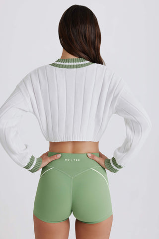 Cable Knit Cotton Cropped Jumper in Green Ivory