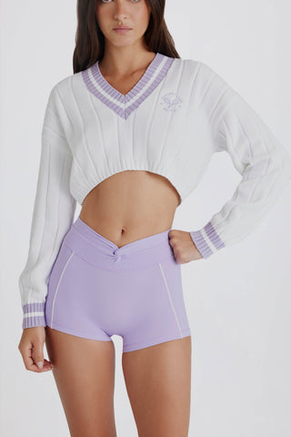 Cable Knit Cotton Cropped Jumper in Lilac Ivory