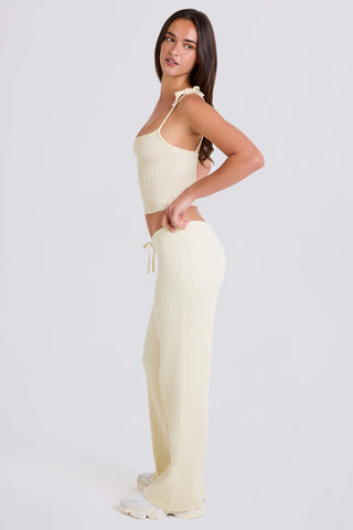 Ribbed Knit Wide-Leg Joggers in Cream