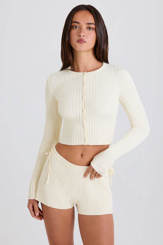 Ribbed Knit Tie Mini Shorts in Cream