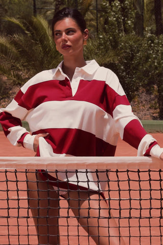 Striped Oversized Long-Sleeve T-Shirt in Dark Red