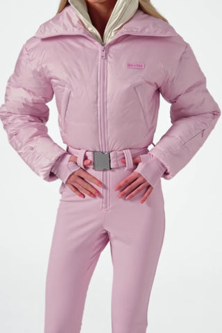Waterproof Belted Layered Ski Suit in Powder Pink