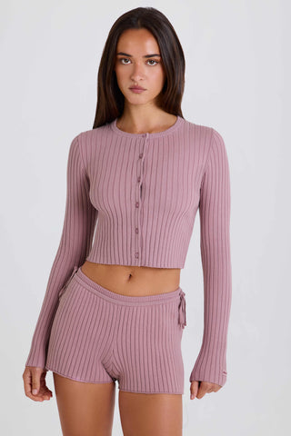 Ribbed Knit Button Cardigan in Mauve
