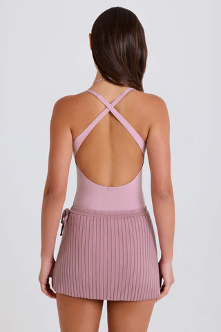 Ribbed Knit Tie Wrapover Skort in Mauve