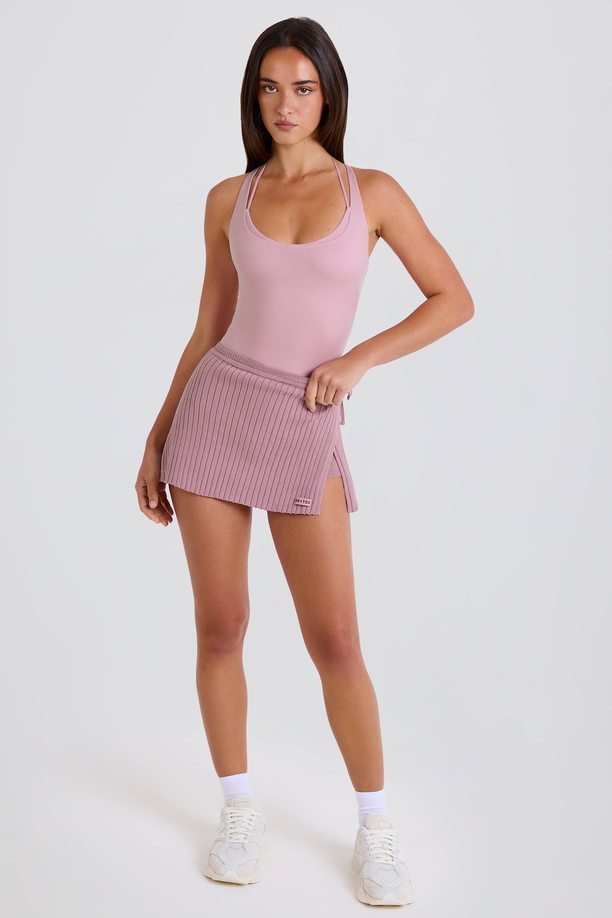 Ribbed Knit Tie Wrapover Skort in Mauve