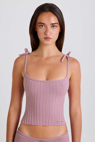 Ribbed Knit Tie Tank Top in Mauve