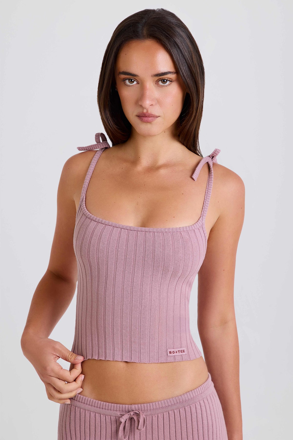 Ribbed Knit Tie Tank Top in Mauve