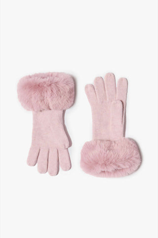 Knit Faux-Fur Cuff Gloves in Powder Pink