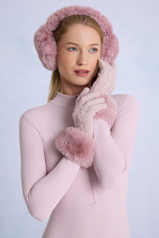 Knit Faux-Fur Cuff Gloves in Powder Pink