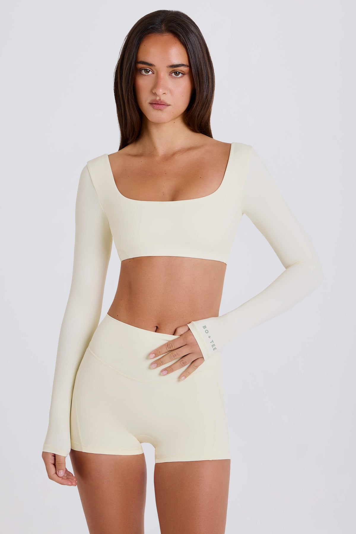 Four-Way Stretch Multiway Long-Sleeve Crop Top in Cream