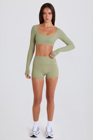 Four-Way Stretch Foldover Mid-Rise Mini Shorts in Matcha