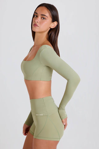 Four-Way Stretch Foldover Mid-Rise Mini Shorts in Matcha