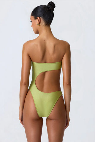 Bead-Embellished Cut-Out Bandeau Swimsuit in Pear Green