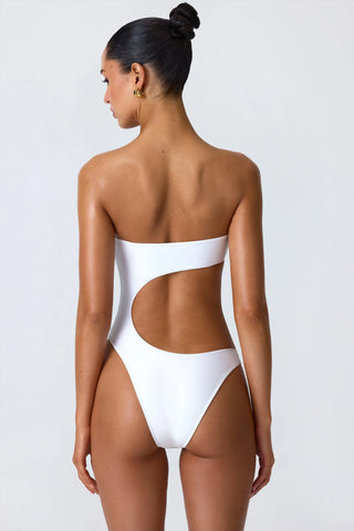 Bead-Embellished Cut-Out Bandeau Swimsuit in White