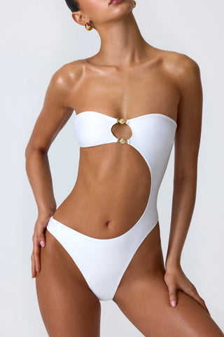 Bead-Embellished Cut-Out Bandeau Swimsuit in White