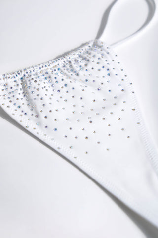 Embellished Drawstring Thong Bikini Bottoms in White