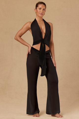 Tie-Front Wide-Leg Trousers in Black