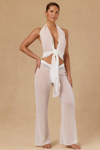 Tie-Front Wide-Leg Trousers in White