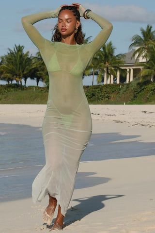 Sheer Open-Back Maxi Dress in Olive Green