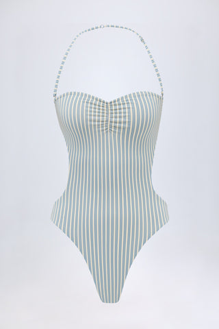Cut-Out Halterneck Swimsuit in Teal Double Stripe