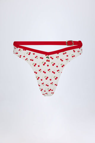 Contrast Belted Thong Bikini Bottoms in Cherry Print