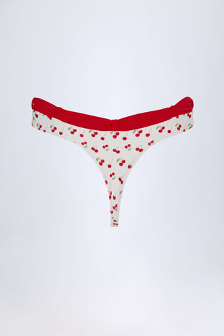Contrast Belted Thong Bikini Bottoms in Cherry Print