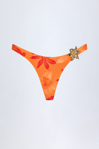 Hardware-Detail Cheeky Bikini Bottoms in Orange Orchid Print