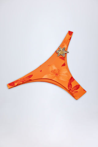 Hardware-Detail Cheeky Bikini Bottoms in Orange Orchid Print