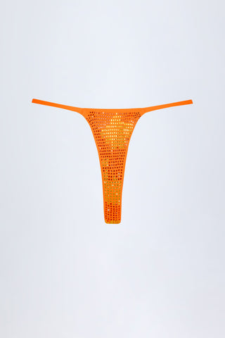 Embellished Thong Bikini Bottoms in Orange Tropical Print