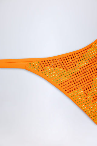 Embellished Thong Bikini Bottoms in Orange Tropical Print