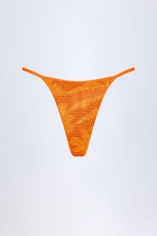 Embellished Thong Bikini Bottoms in Orange Tropical Print