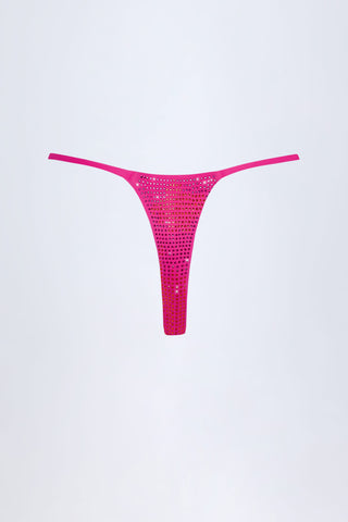 Embellished Thong Bikini Bottoms in Pink Tropical Print