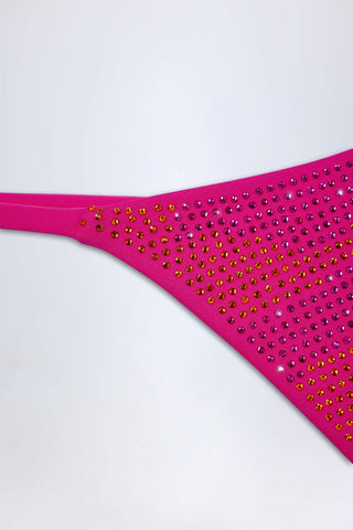 Embellished Thong Bikini Bottoms in Pink Tropical Print