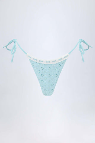 Broderie Anglaise Side-Tie Thong Bikini Bottoms in Powder Blue