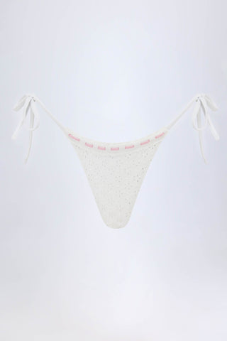 Broderie Anglaise Side-Tie Thong Bikini Bottoms in White