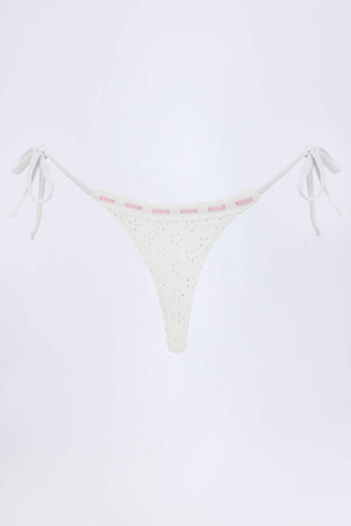 Broderie Anglaise Side-Tie Thong Bikini Bottoms in White