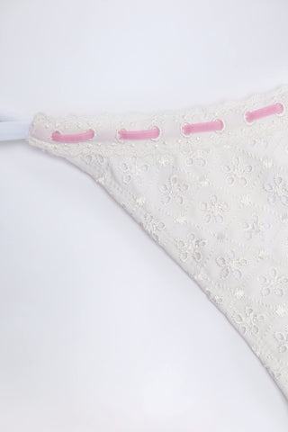 Broderie Anglaise Side-Tie Thong Bikini Bottoms in White